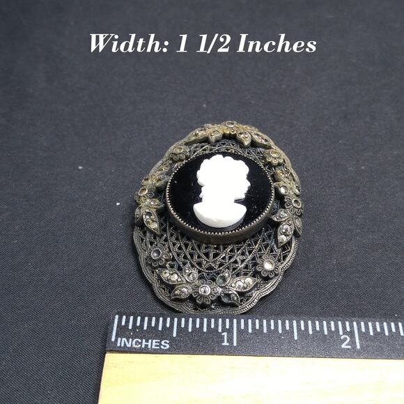 Vintage Antique Glass Cameo Marcasite Brooch, Oval Filigree Back, 2 1/2 Inches - Picture 5 of 10